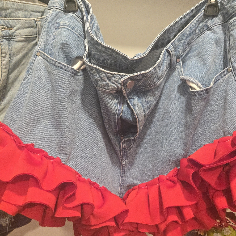 Denim Skirt with Red Ruffle Hem